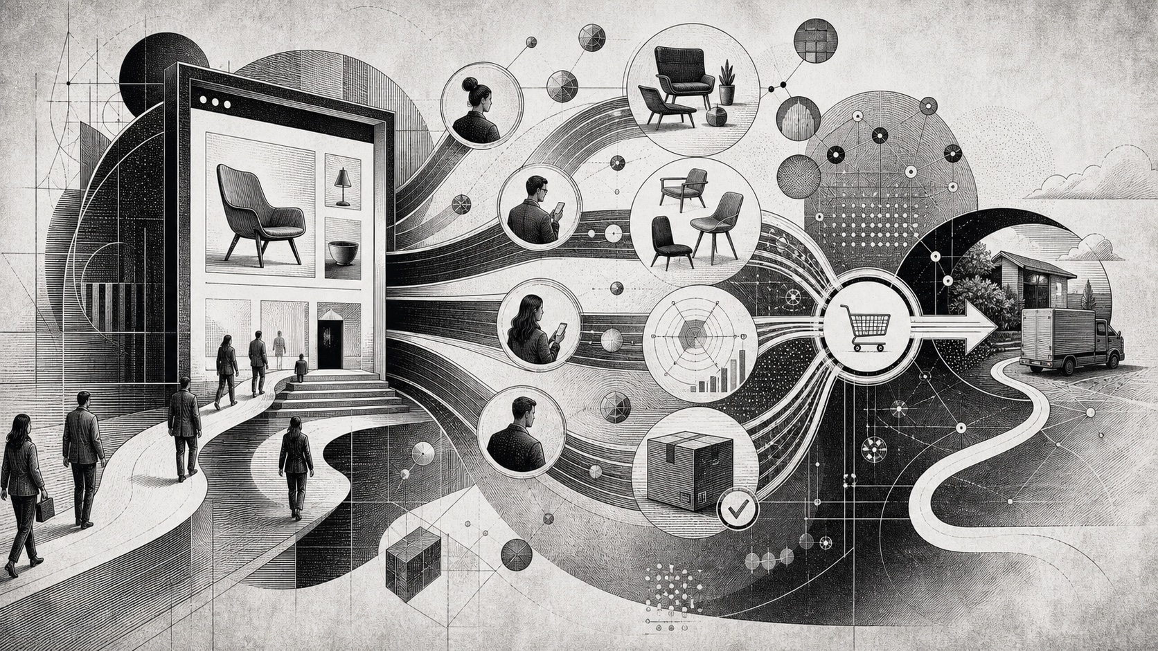 Black-and-white engraved illustration of product discovery and purchasing moving through a distributed agentic commerce journey beyond a central website