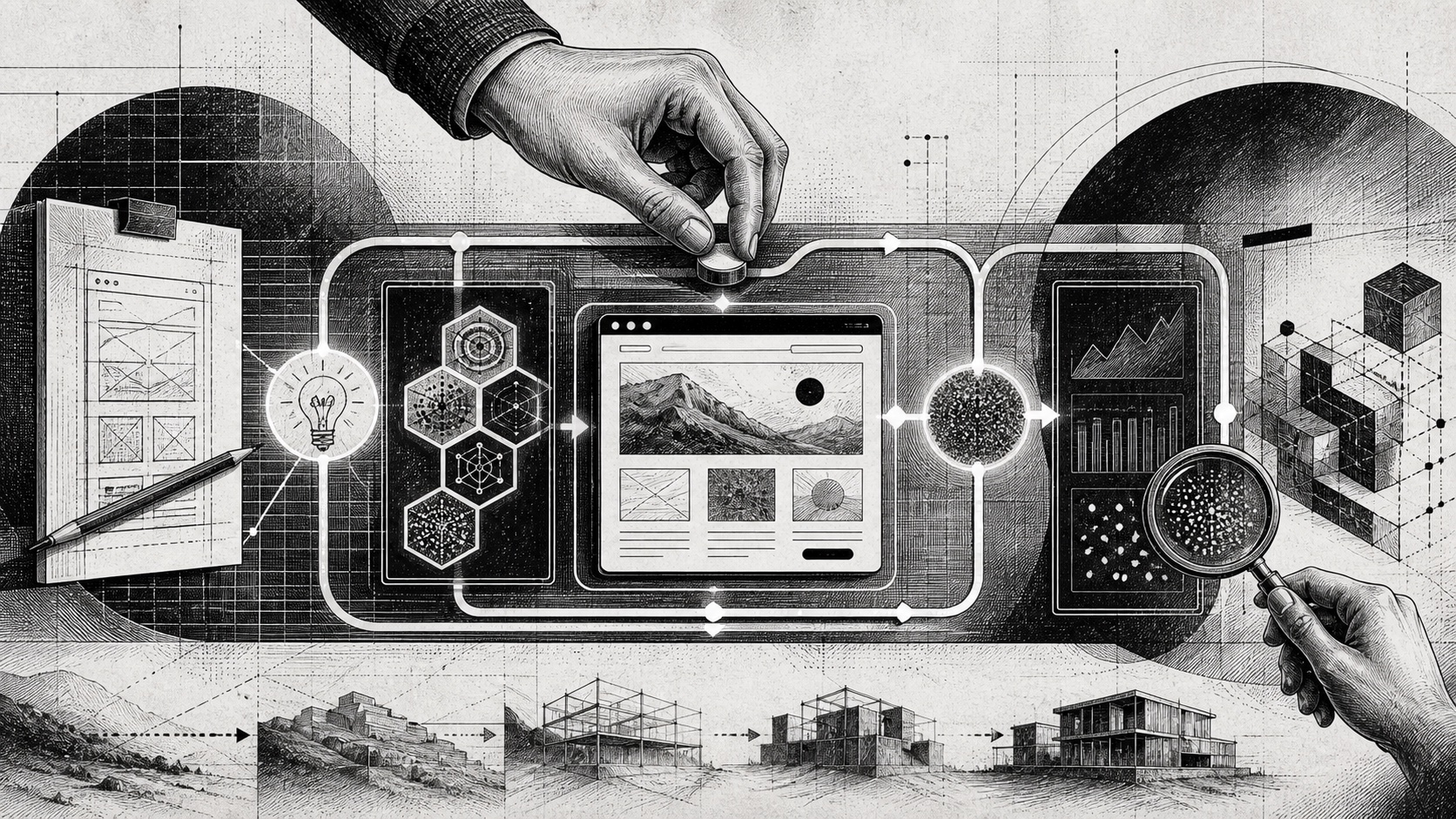 Black-and-white engraved illustration of human judgment guiding an AI-assisted website from idea through working software, evidence, and refinement