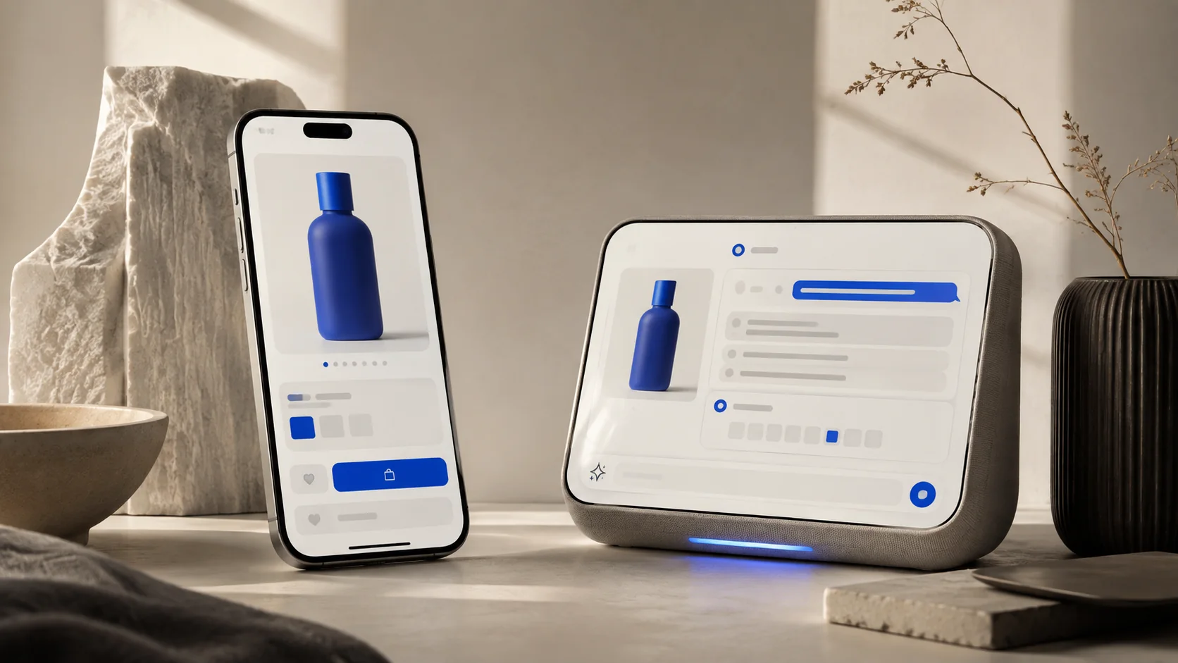 A subject-focused digital editorial scene representing AI