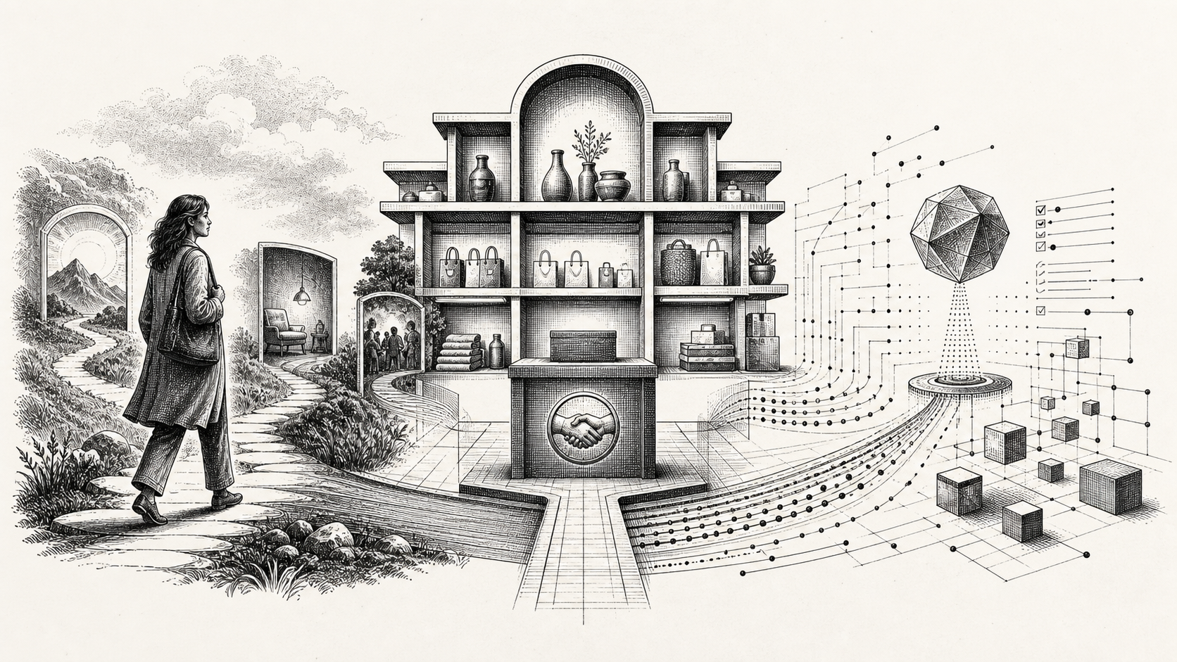 Black-and-white engraved illustration of a human customer and an AI agent approaching the same brand commerce system through different paths