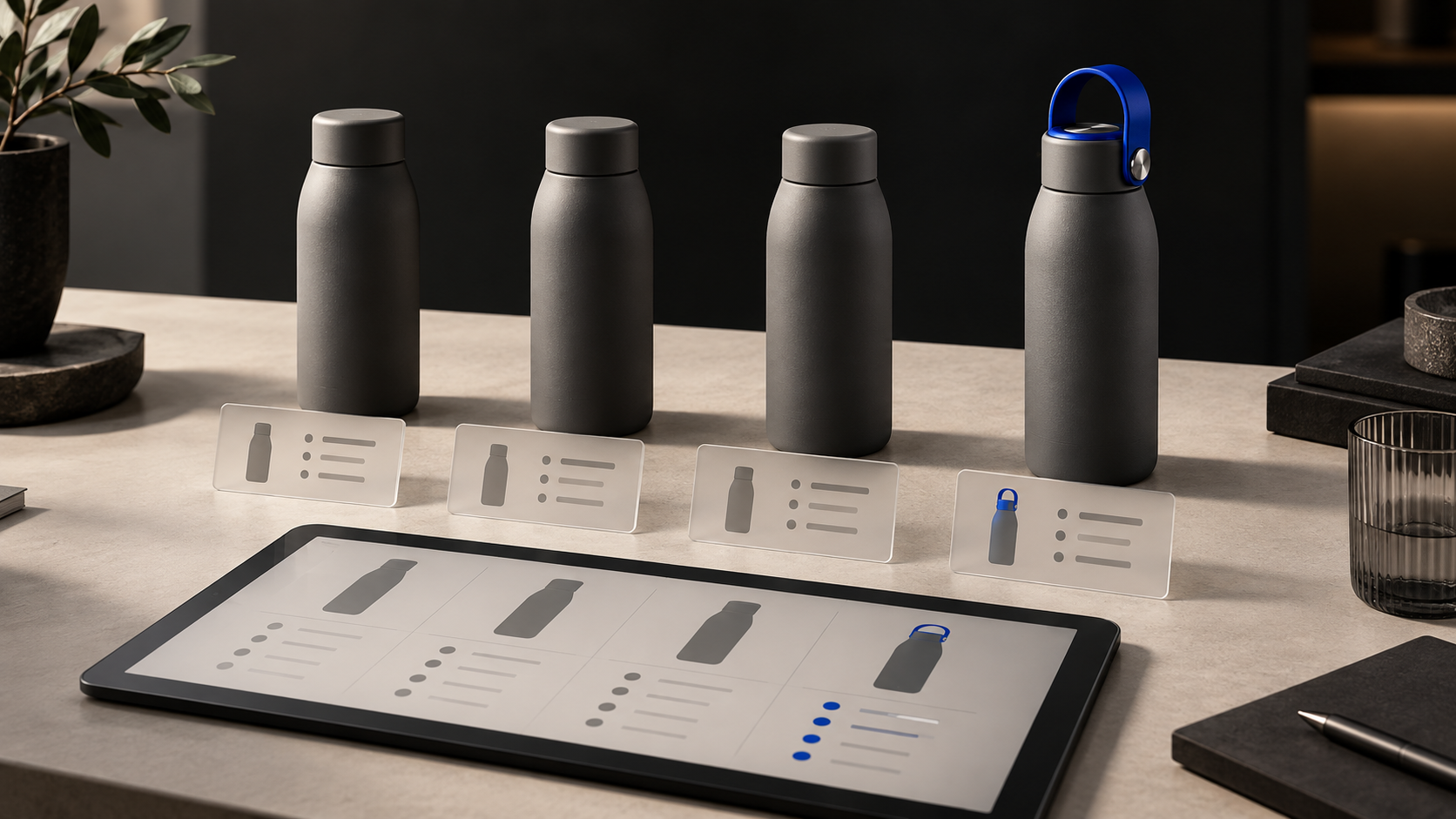 Four similar unbranded products are evaluated on a digital comparison surface, with one distinguished by a functional cobalt feature