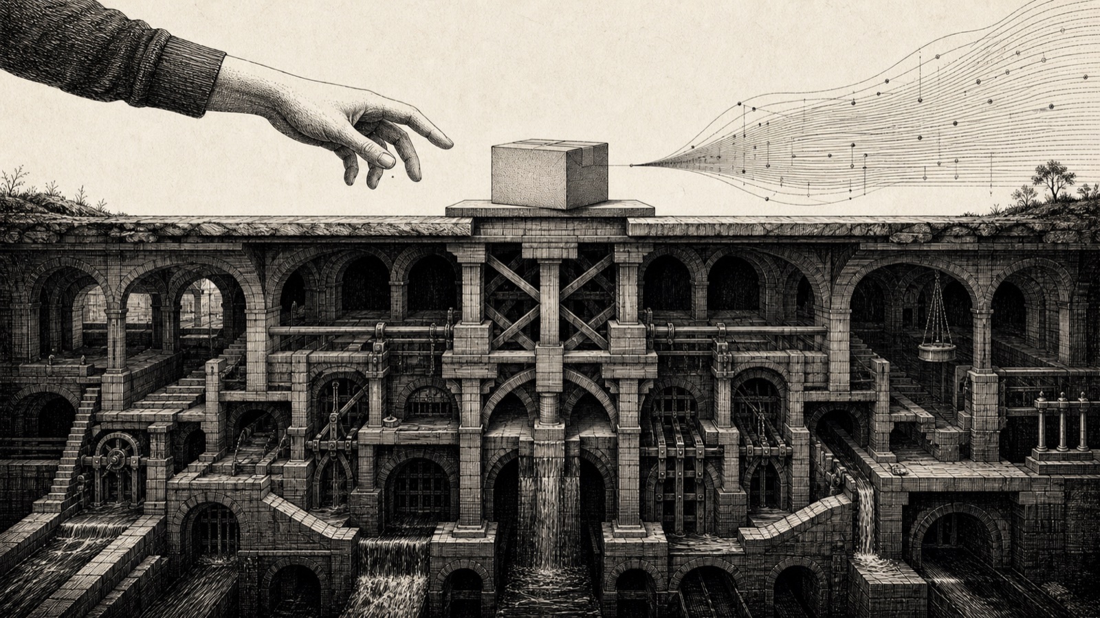 Black-and-white engraved cutaway of a human hand and AI signal meeting above a vast hidden foundation supporting a single parcel
