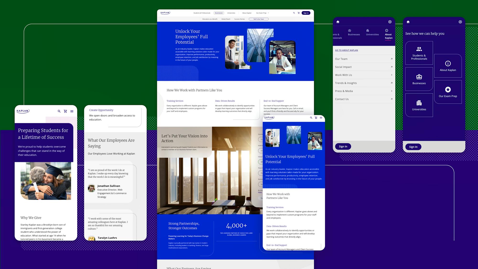 Kaplan design system applied across desktop and mobile navigation, content, and conversion experiences