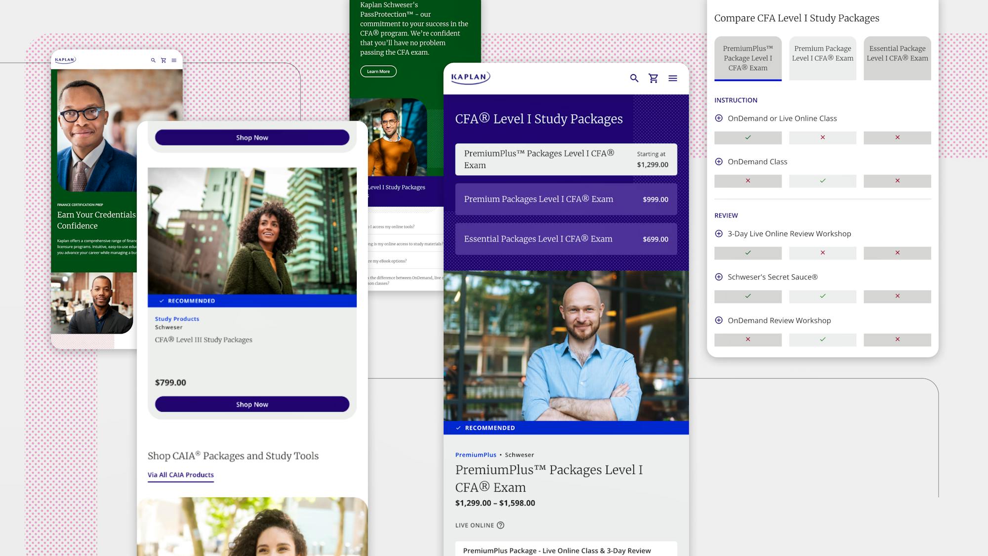 Kaplan ecommerce experience across mobile, tablet, desktop, product comparison, and checkout interfaces